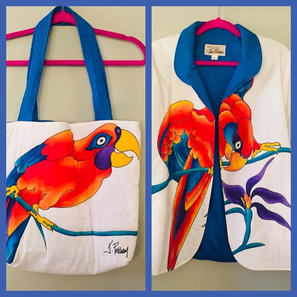 Vintage Julia Pinkham Painted Parrot Jacket & Bag - Picture 1 of 10